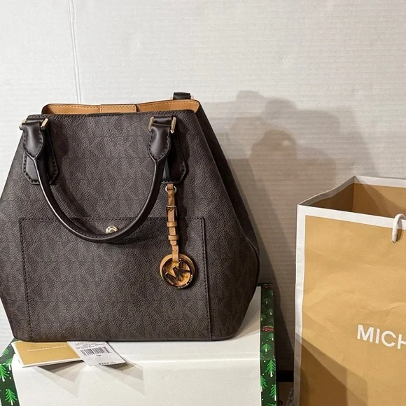 NWT Michael Kors Brown Logo Greenwich Large Grab Bag Tote Satchel MK Signature - Picture 2 of 14
